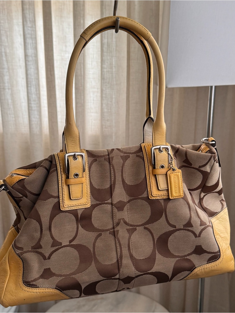 Y2K Coach brown and yellow monogram handbag with buckle accents - Picture 5 of 8